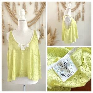 Free People butter yellow tank top embroidered crop lace boho swing shirt medium